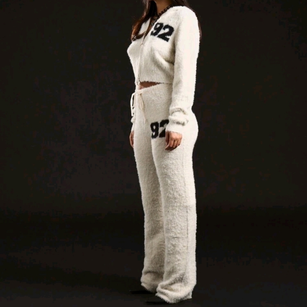Cream Textured Hooded Zip-Up Sweater with 92 UTAH Print With Wide Leg Pants Set